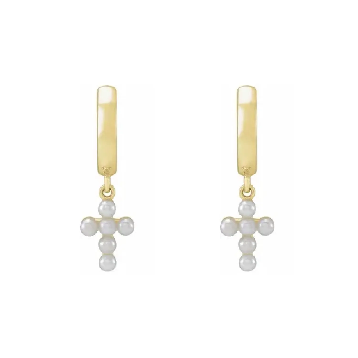 14K Solid Gold Pearl Cross Hoop Earrings