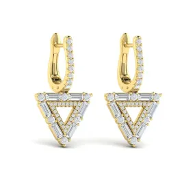 14K YELLOW GOLD U-HOOP EARRINGS WITH BAGUETTE AND ROUND DIAMOND TRIANGLE DROP