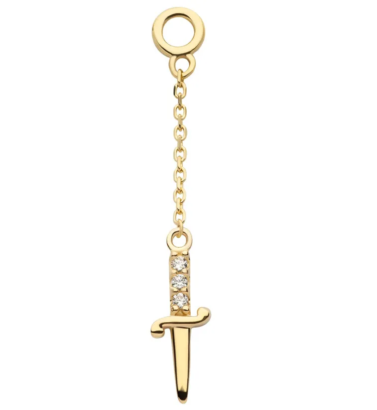 14kt Gold Dagger Clear CZ Dangle Chain Charm