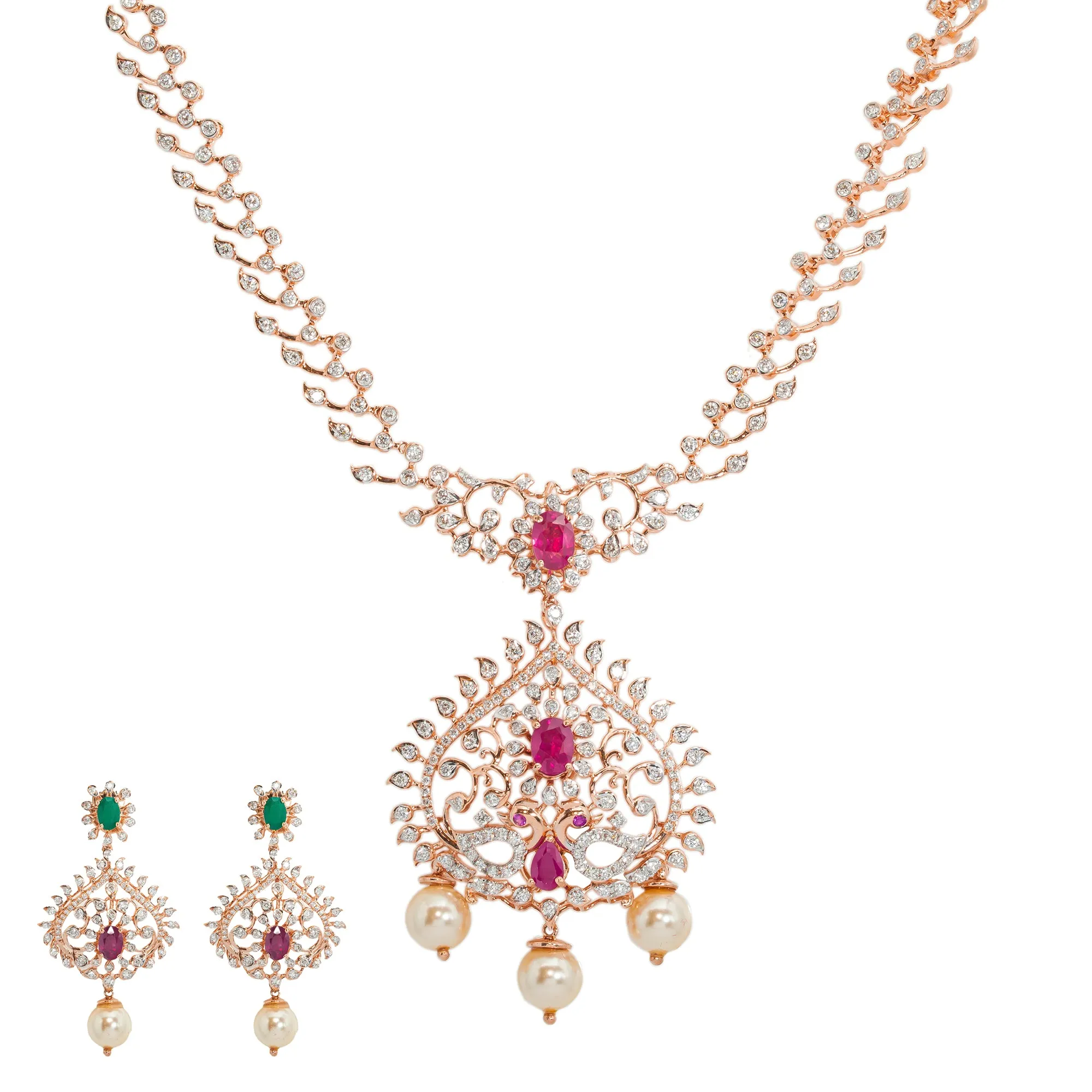 18K Rose Gold Necklace Set w/ 4.42ct Diamonds & Gems (52.9gm)