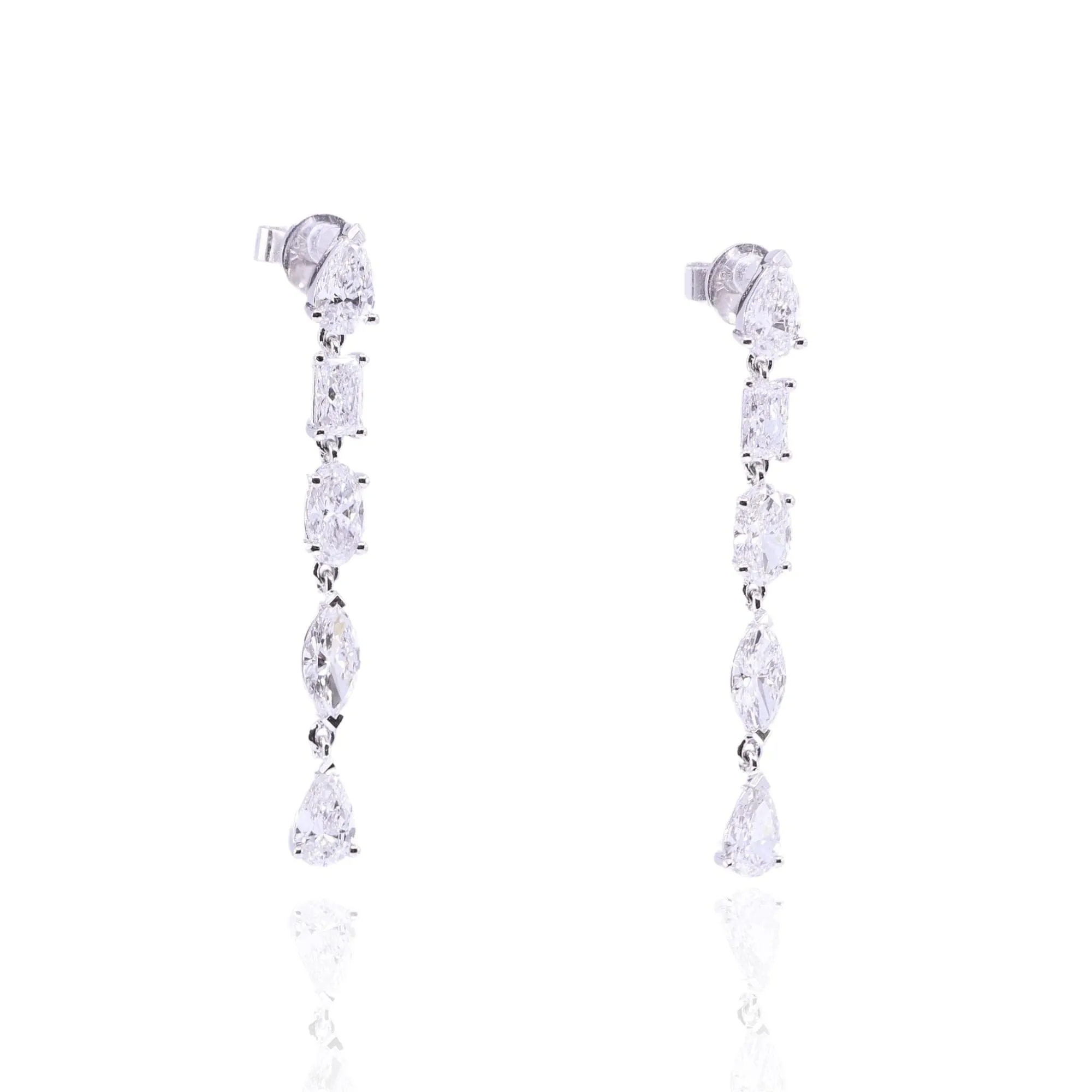 18K WHITE GOLD MIXED CUT PEAR, MARQUISE, OVAL, AND EMERALD-CUT DIAMOND DANGLE EARRINGS