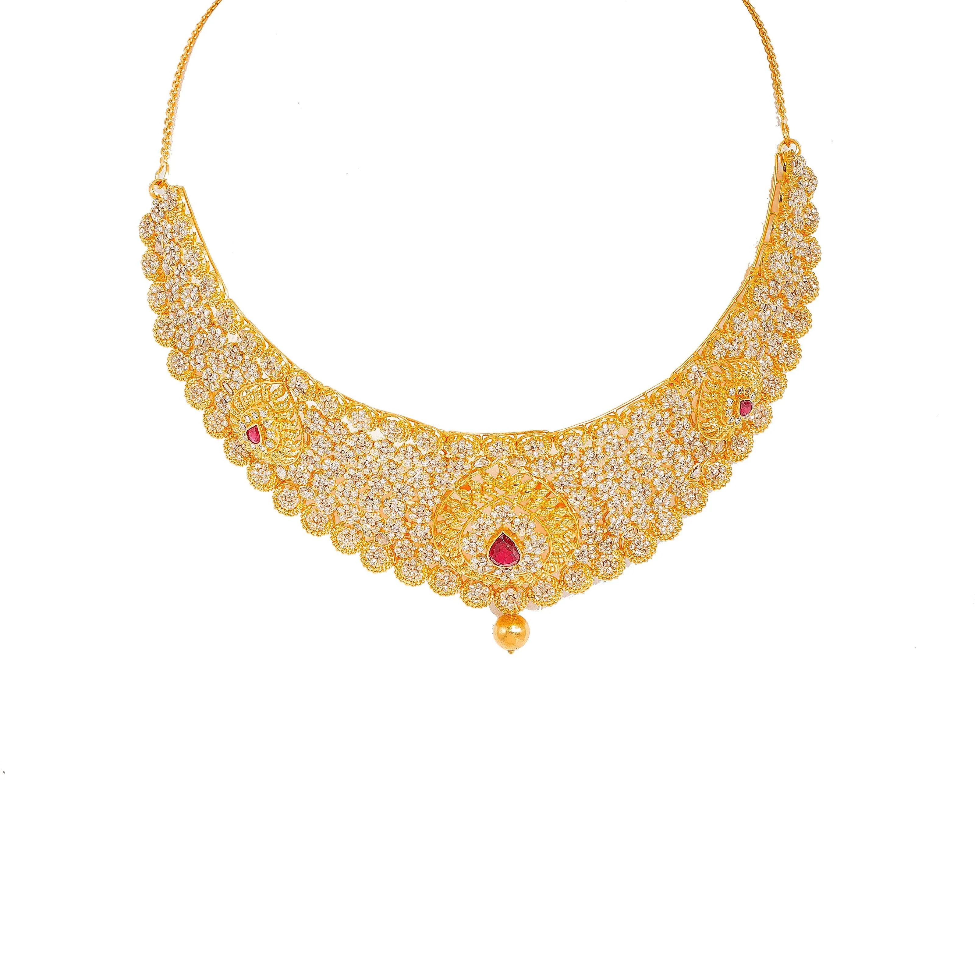 22K Yellow Gold Diamond Necklace & Earrings Set W/ 26.98ct Uncut Diamonds, Rubies & Clustered Flowers on Bib Necklace