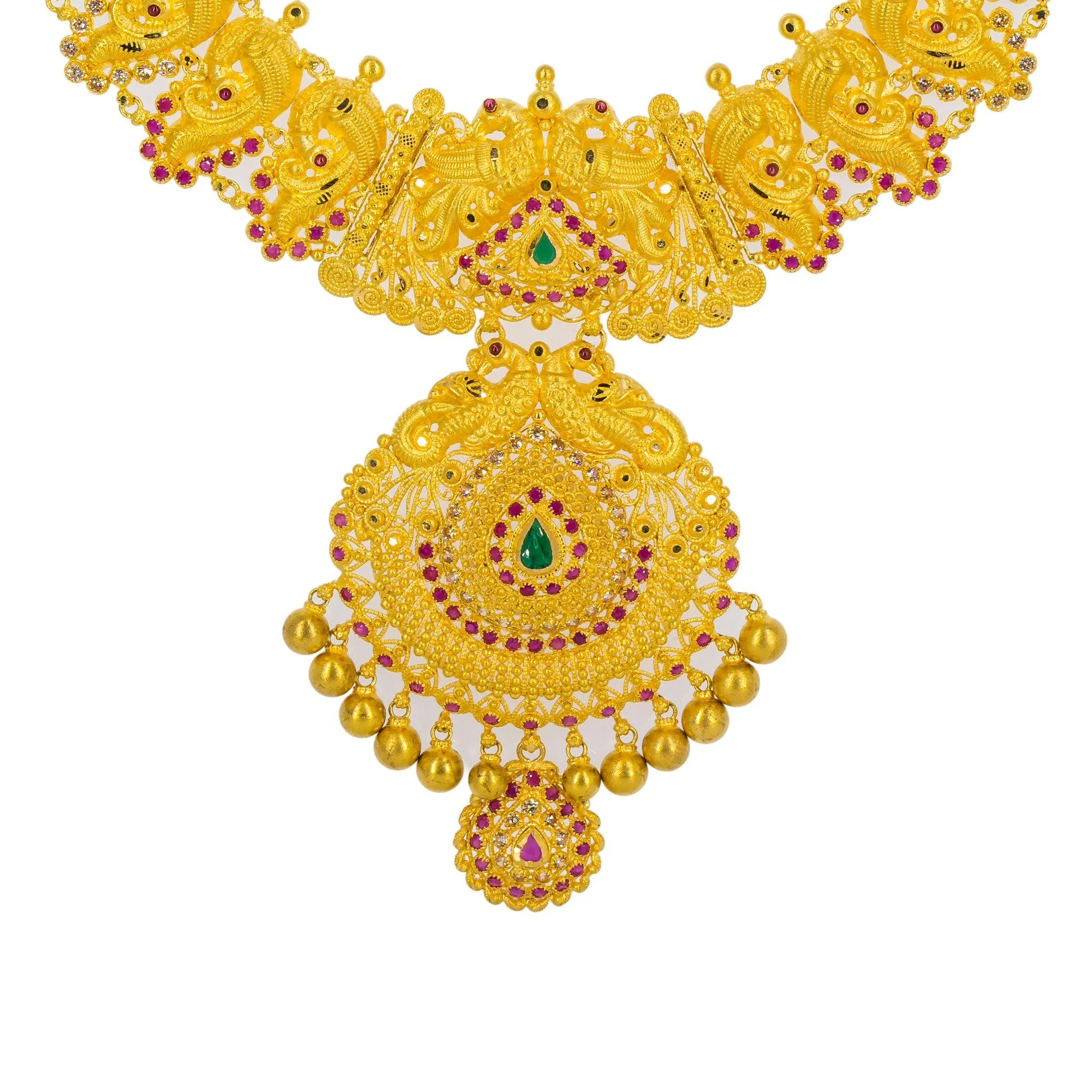 22K Yellow Gold Long Necklace & Jhumki Earrings W/ Rubies, Emeralds, CZ & Peacock Accented Necklace