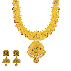 22K Yellow Gold Long Necklace & Jhumki Earrings W/ Rubies, Emeralds, CZ & Peacock Accented Necklace