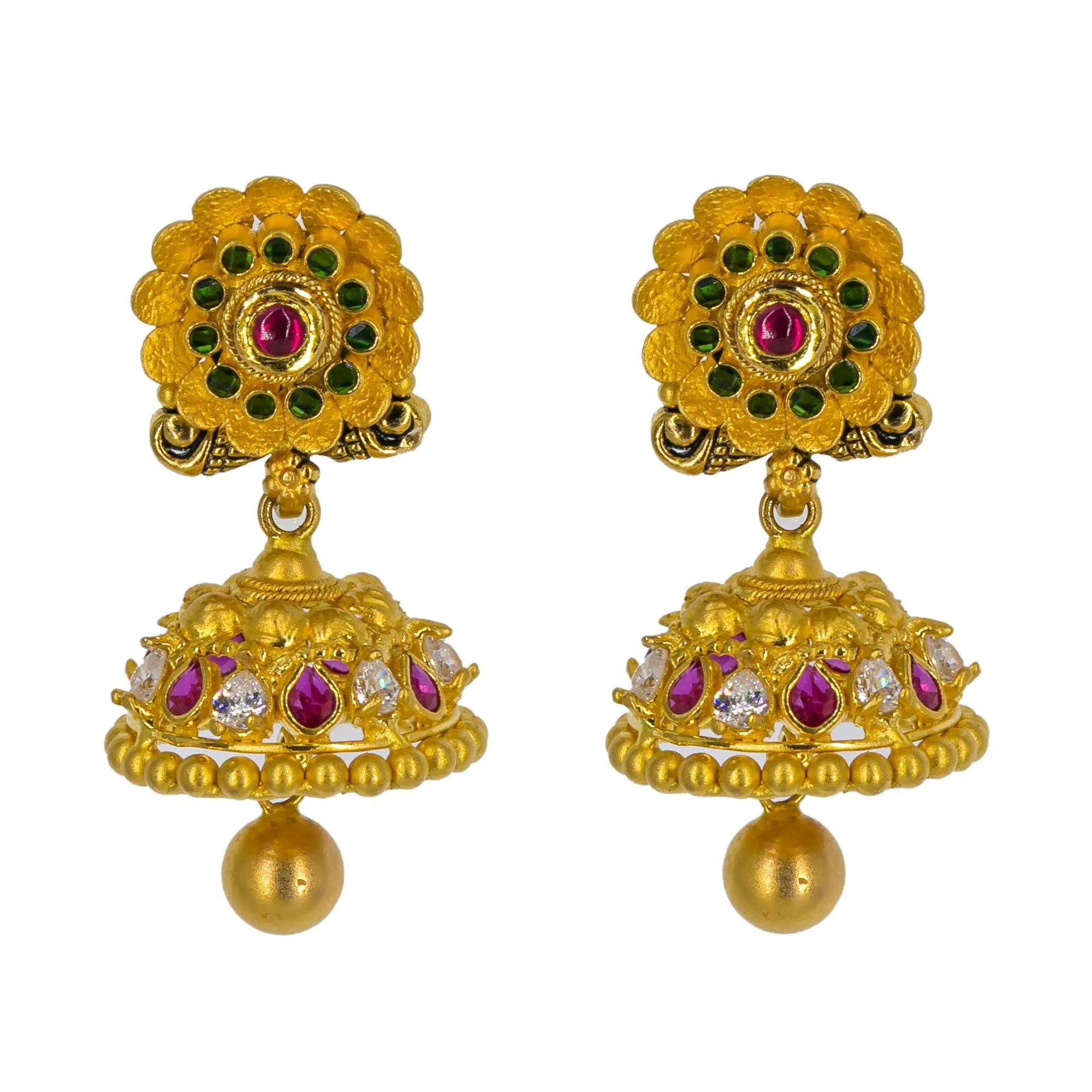 22K Yellow Gold Long Necklace & Jhumki Earrings W/ Rubies, Emeralds, CZ & Peacock Accented Necklace