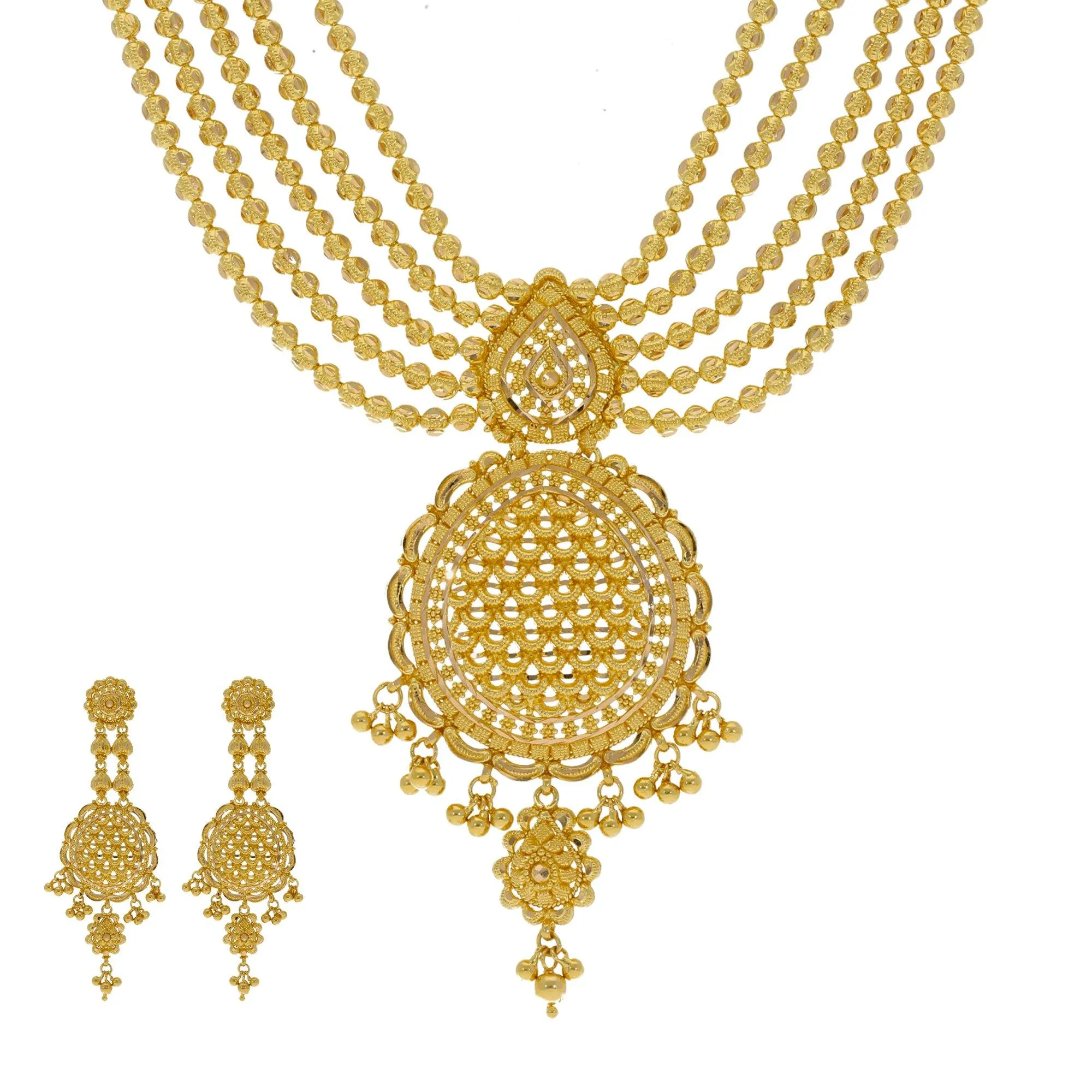 22K Yellow Gold Necklace & Earrings Set W/ Multi Ball Strands & Dream Catcher Pendants