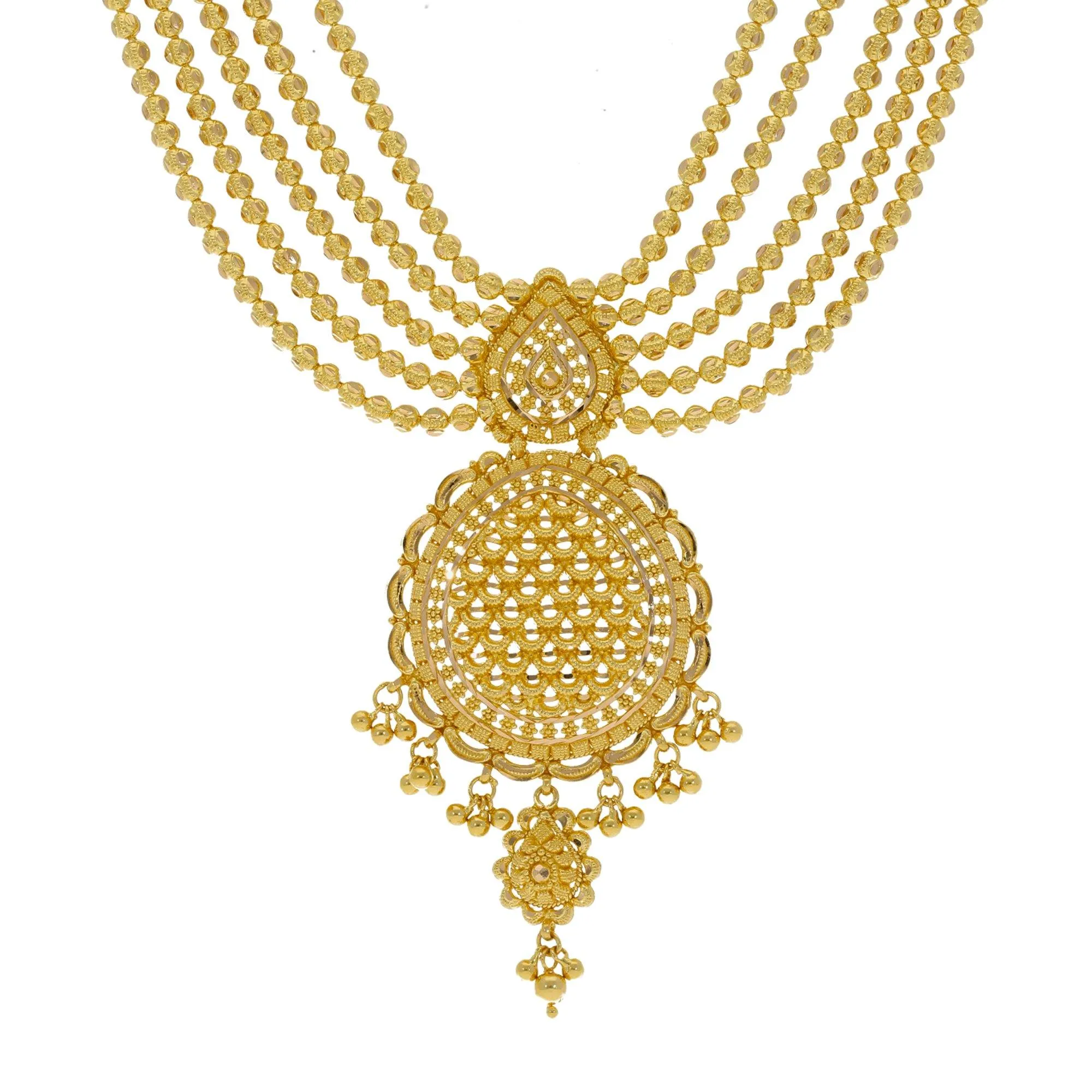 22K Yellow Gold Necklace & Earrings Set W/ Multi Ball Strands & Dream Catcher Pendants