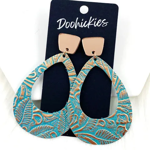 3 Metallic Embossed Hoops Western Earrings - Rose & Turquoise