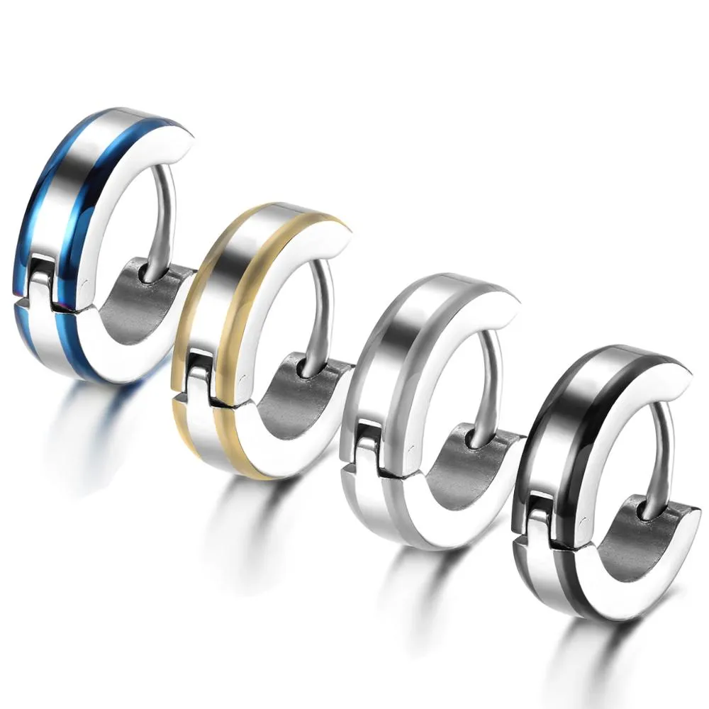 4 Pairs Striped and Polished Stainless Steel Small Hoop Earrings