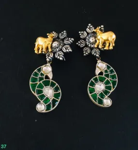 925 Solid silver stud earrings, Animal Design Earring Green Stone With Polki Diamond Gold Plated Earring Antique silver earring jewelry