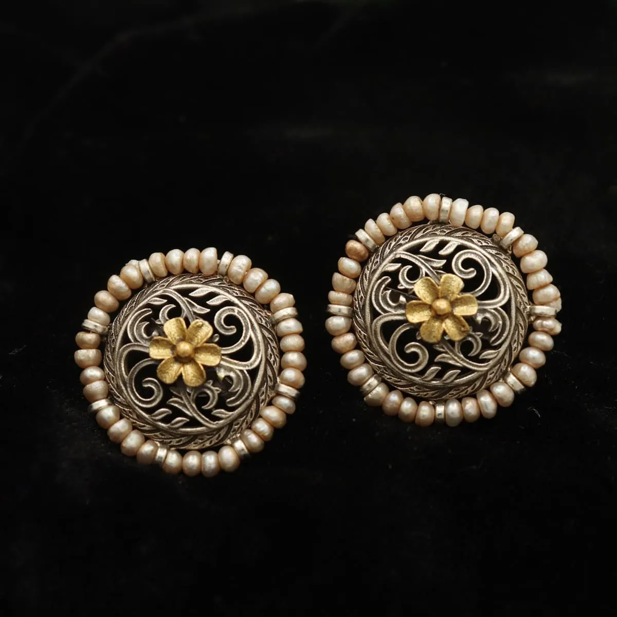 925 Sterling Silver Earring ,Pearl Antique Silver Earring, Old Style Silver Earring , Handmade Gold Plated Stud Silver Earring Jewelry