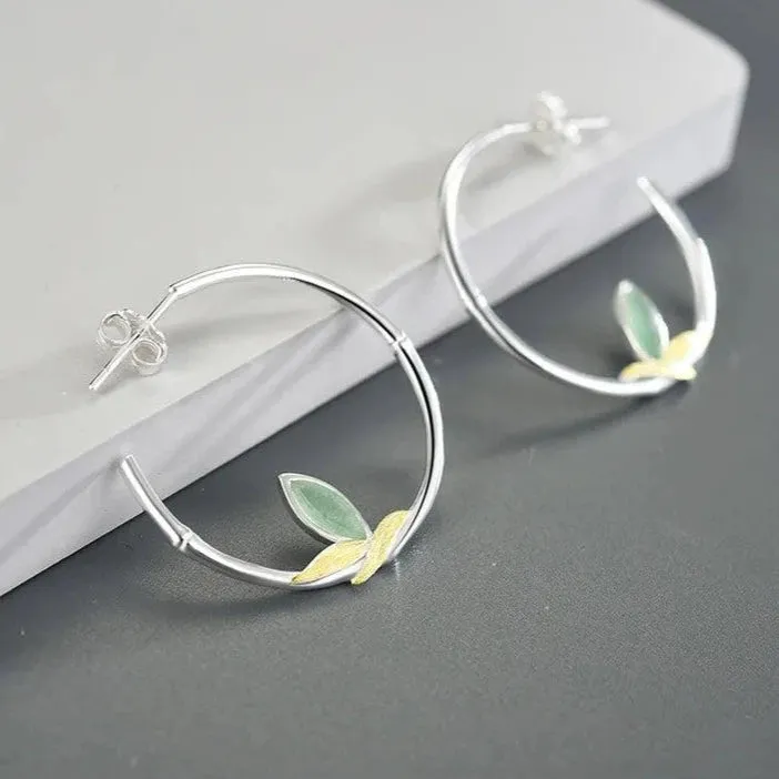 925 Sterling Silver Hoop Earring Charm Jewelry with Bamboo Leaves - LFJC0011