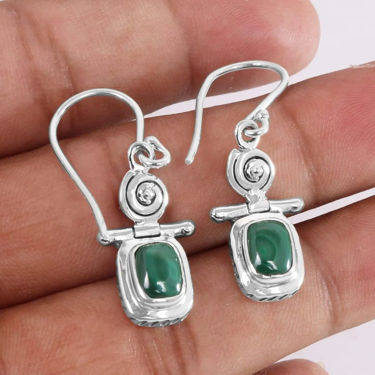 925 Sterling Silver Malachite Earring, Vintage Style Gemstone Earring, Genuine Green Malachite Earring, Handmade Boho Earring, Women's Dangler