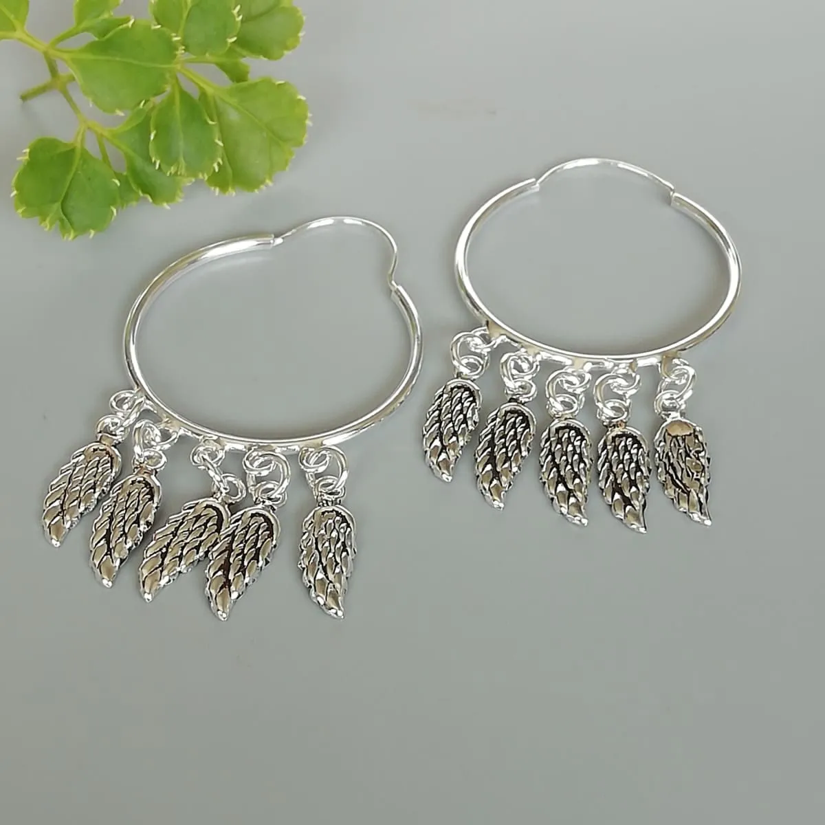 Angel wings charm hoops | 30 mm sterling silver hoop earrings | Wanderlust hoops | Silver wings hoop | E833