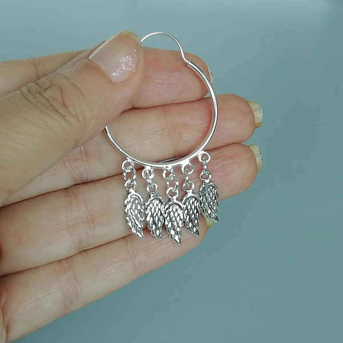 Angel wings charm hoops | 30 mm sterling silver hoop earrings | Wanderlust hoops | Silver wings hoop | E833