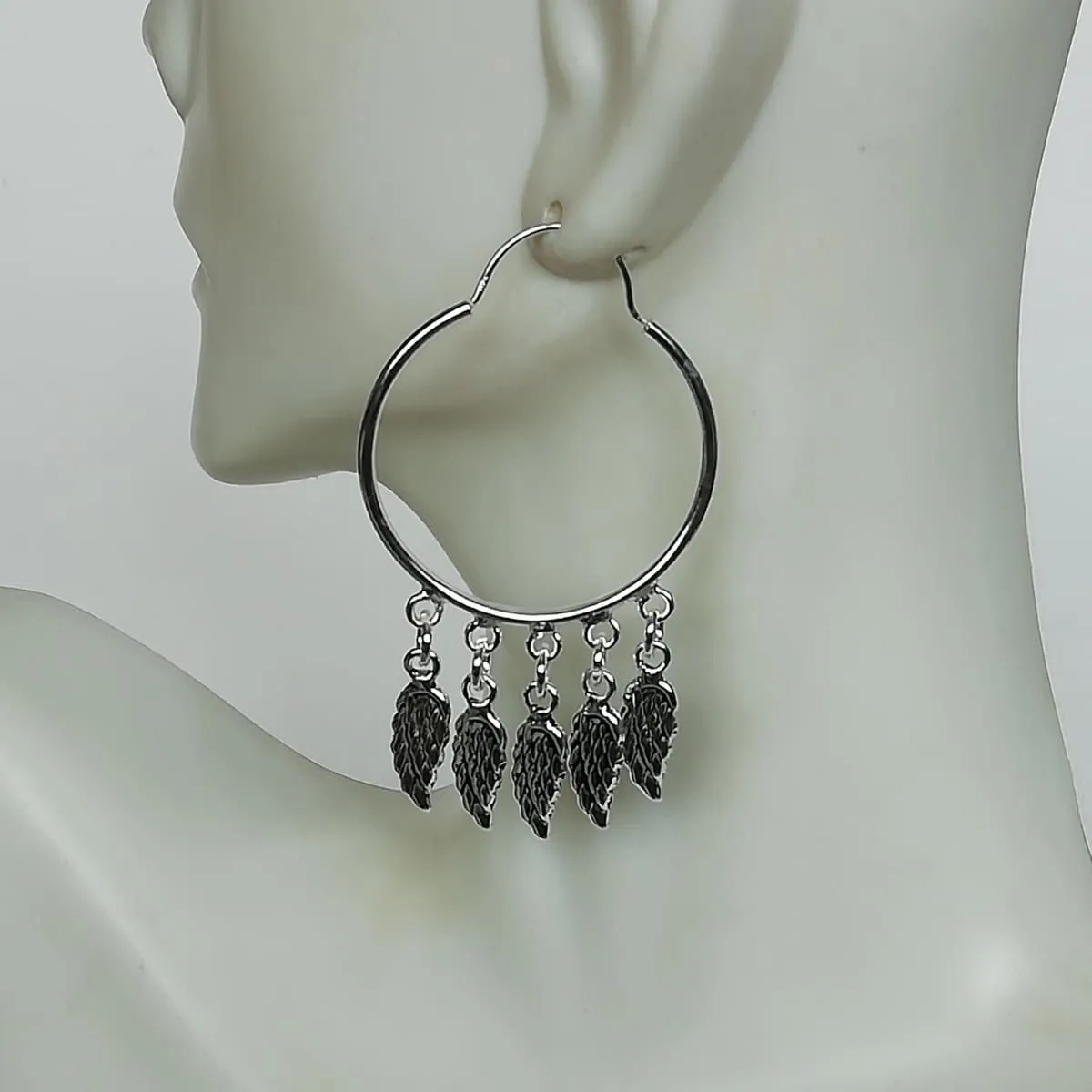 Angel wings charm hoops | 30 mm sterling silver hoop earrings | Wanderlust hoops | Silver wings hoop | E833