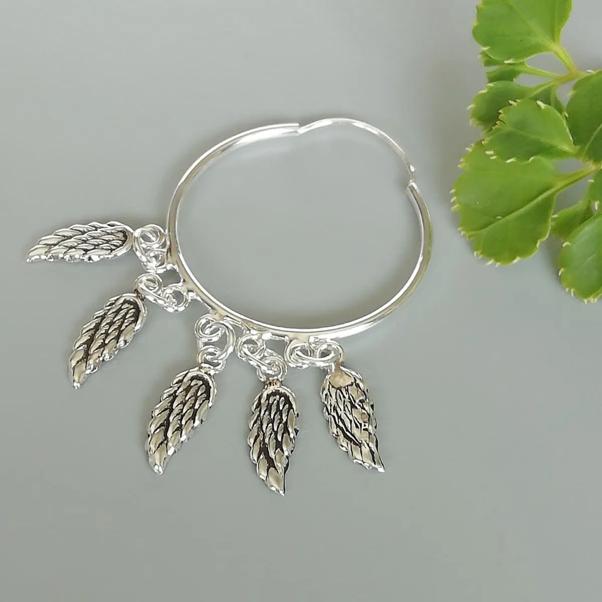 Angel wings charm hoops | 30 mm sterling silver hoop earrings | Wanderlust hoops | Silver wings hoop | E833