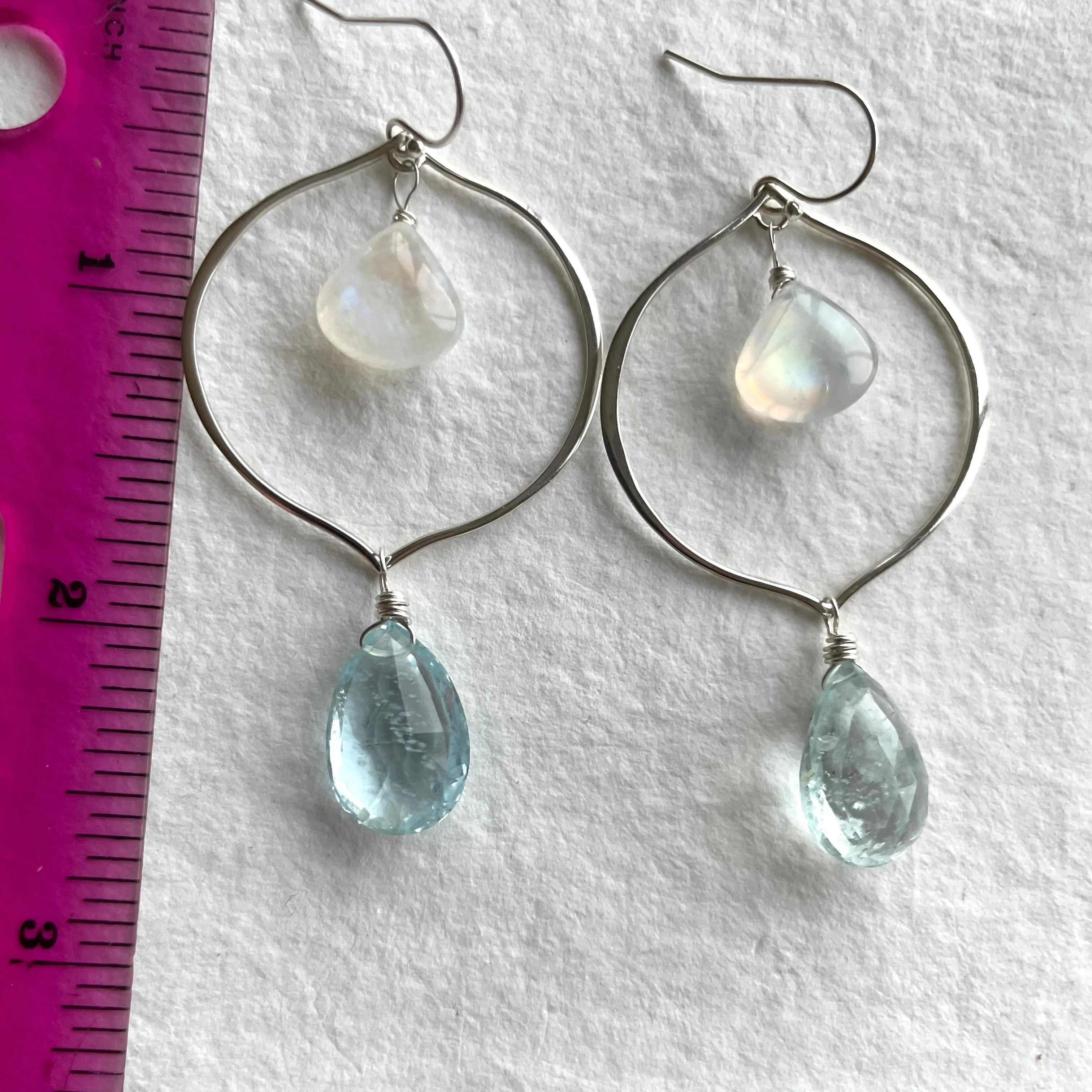 Aquamarine and Rainbow Moonstone Sofia Hoop Earrings, OOAK, no2