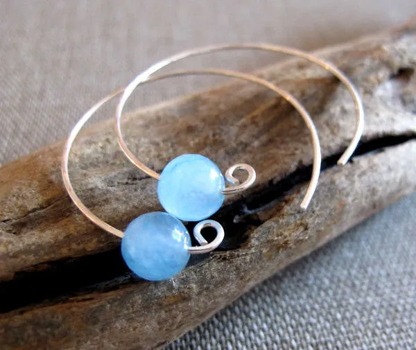 Aquamarine Gem Beads Sterling Silver Hoop Earrings