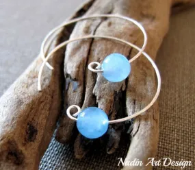 Aquamarine Gem Beads Sterling Silver Hoop Earrings