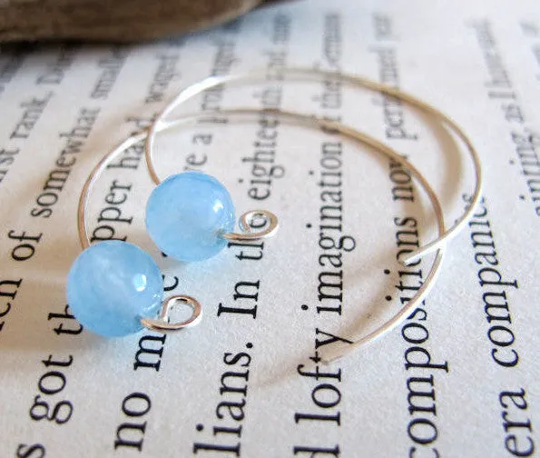 Aquamarine Gem Beads Sterling Silver Hoop Earrings