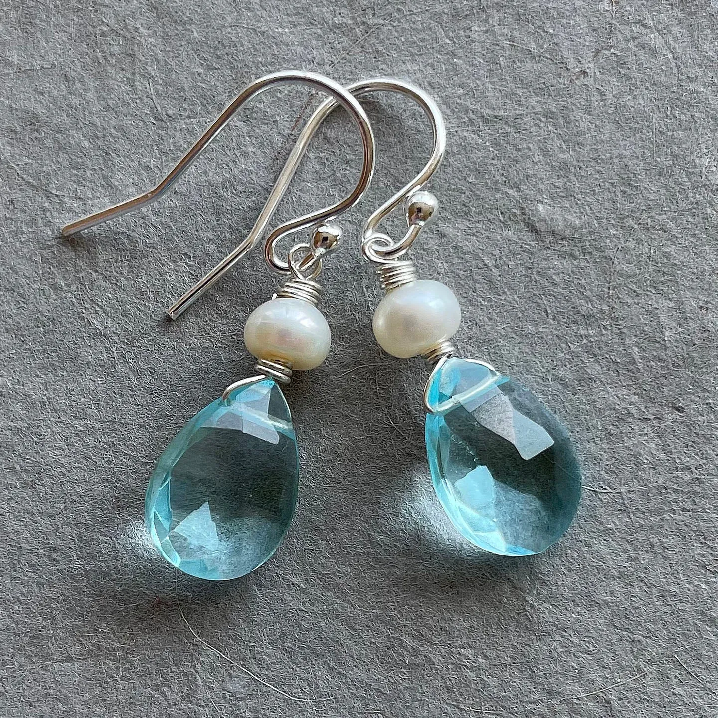 Aquamarine Quartz and Pearl Earrings, Metal Options