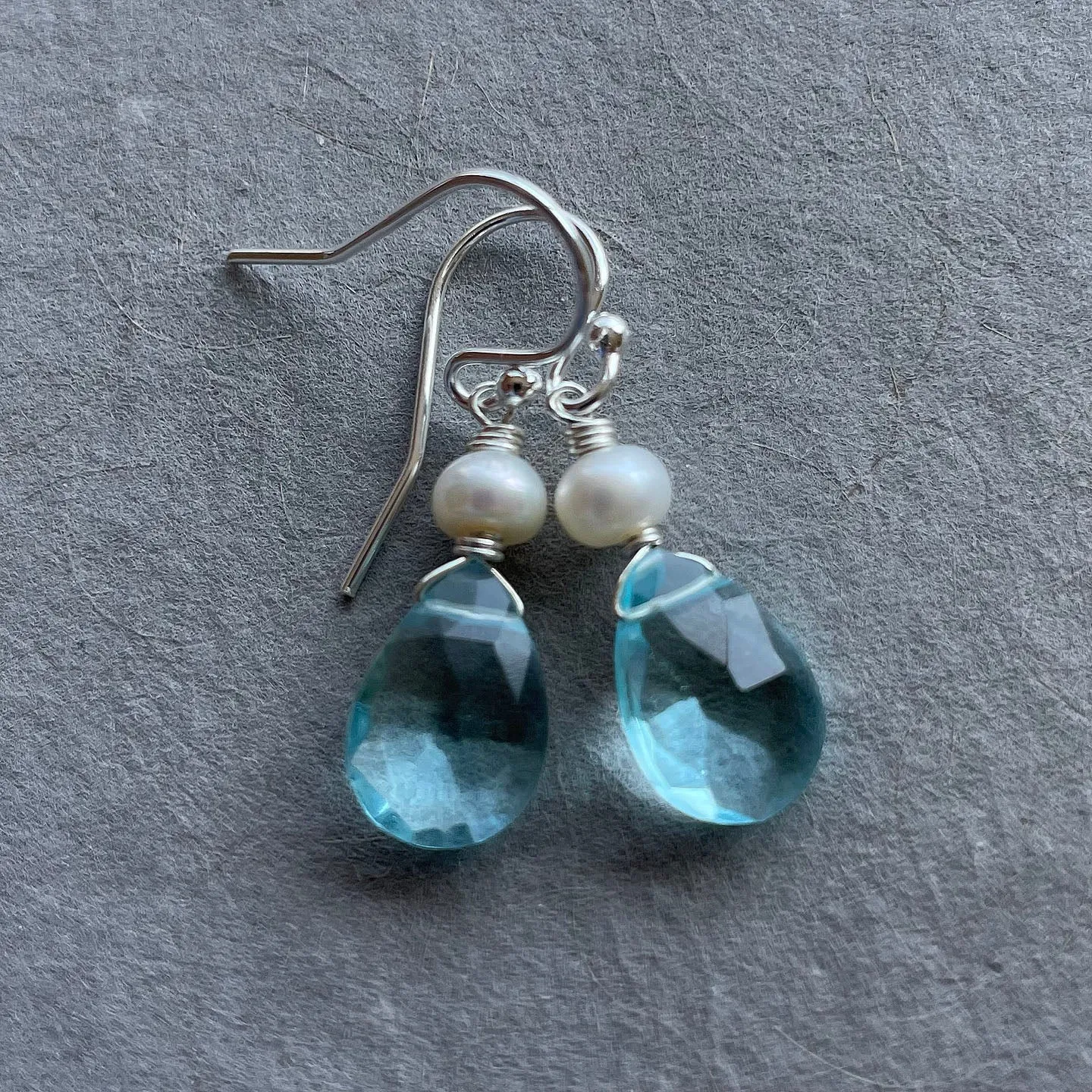 Aquamarine Quartz and Pearl Earrings, Metal Options