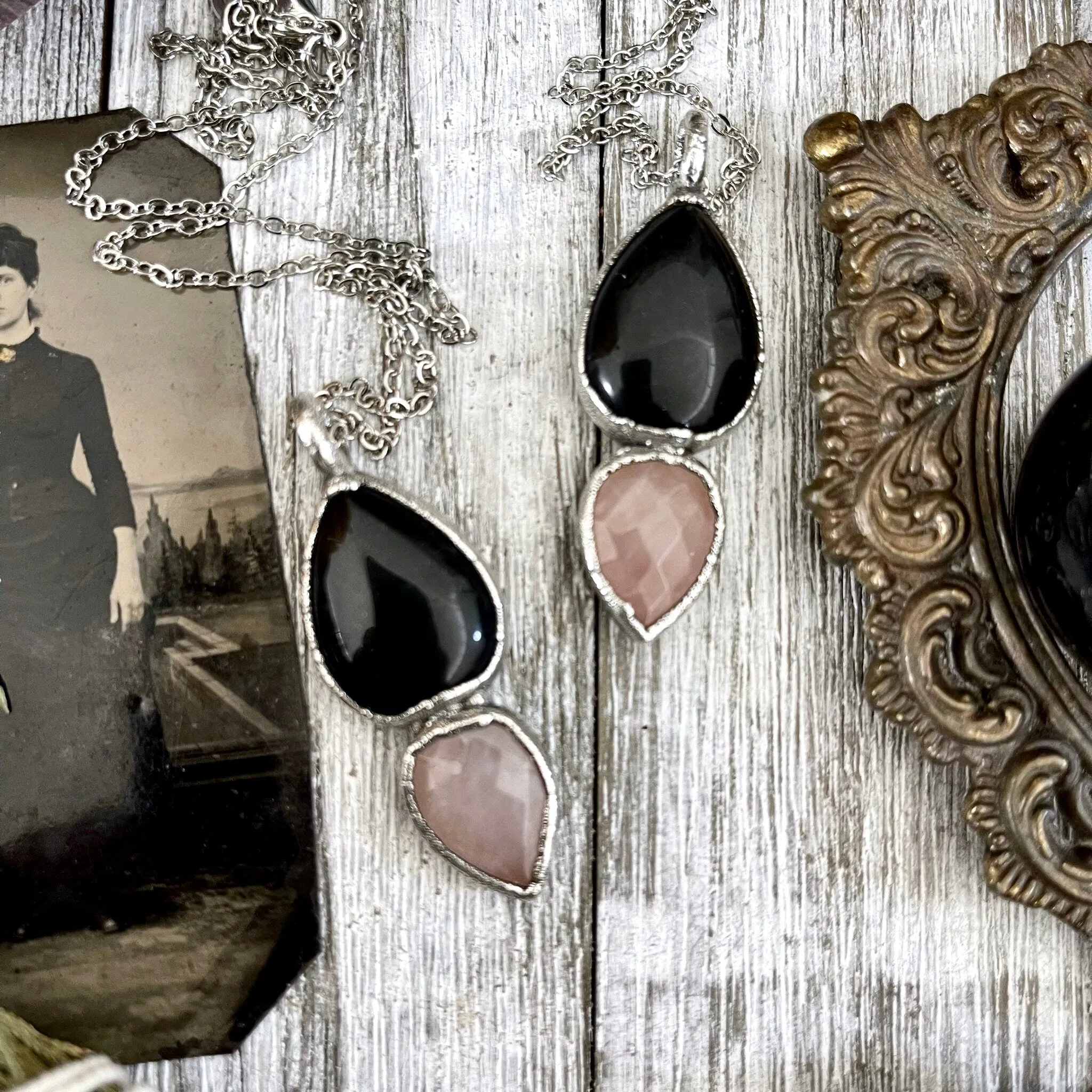 Black Onyx and Rose Quartz Necklace  / Gothic Jewelry