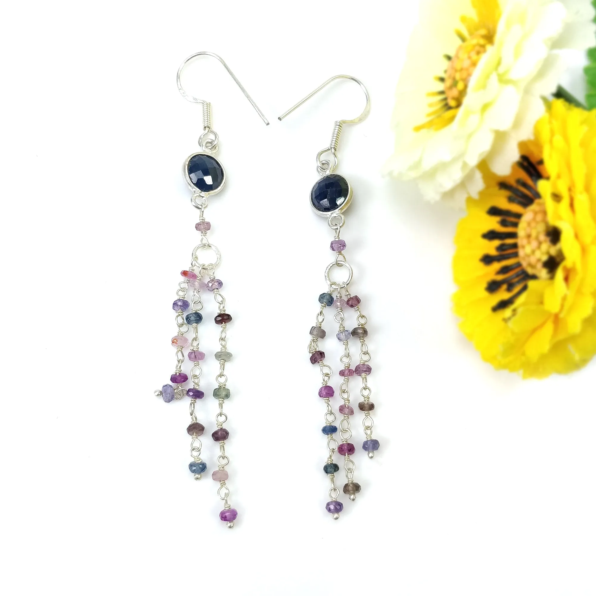 Blue & Multi SAPPHIRE Gemstone 925 Sterling Silver Beaded Earrings : 19.45cts Natural Sapphire Drop Dangle Hook Earring 3.25"