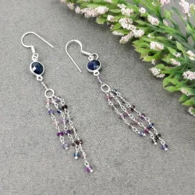 Blue & Multi SAPPHIRE Gemstone 925 Sterling Silver Beaded Earrings : 19.45cts Natural Sapphire Drop Dangle Hook Earring 3.25"