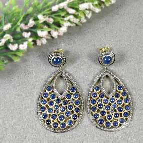 BLUE SAPPHIRE & DIAMOND Gemstone Earring : 2.5" 925 Sterling Silver Natural Dangle Push Back Bezel Set Victorian Earring Gift