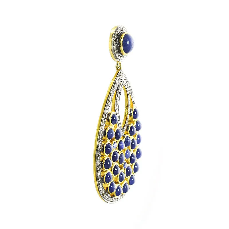 BLUE SAPPHIRE & DIAMOND Gemstone Earring : 2.5" 925 Sterling Silver Natural Dangle Push Back Bezel Set Victorian Earring Gift