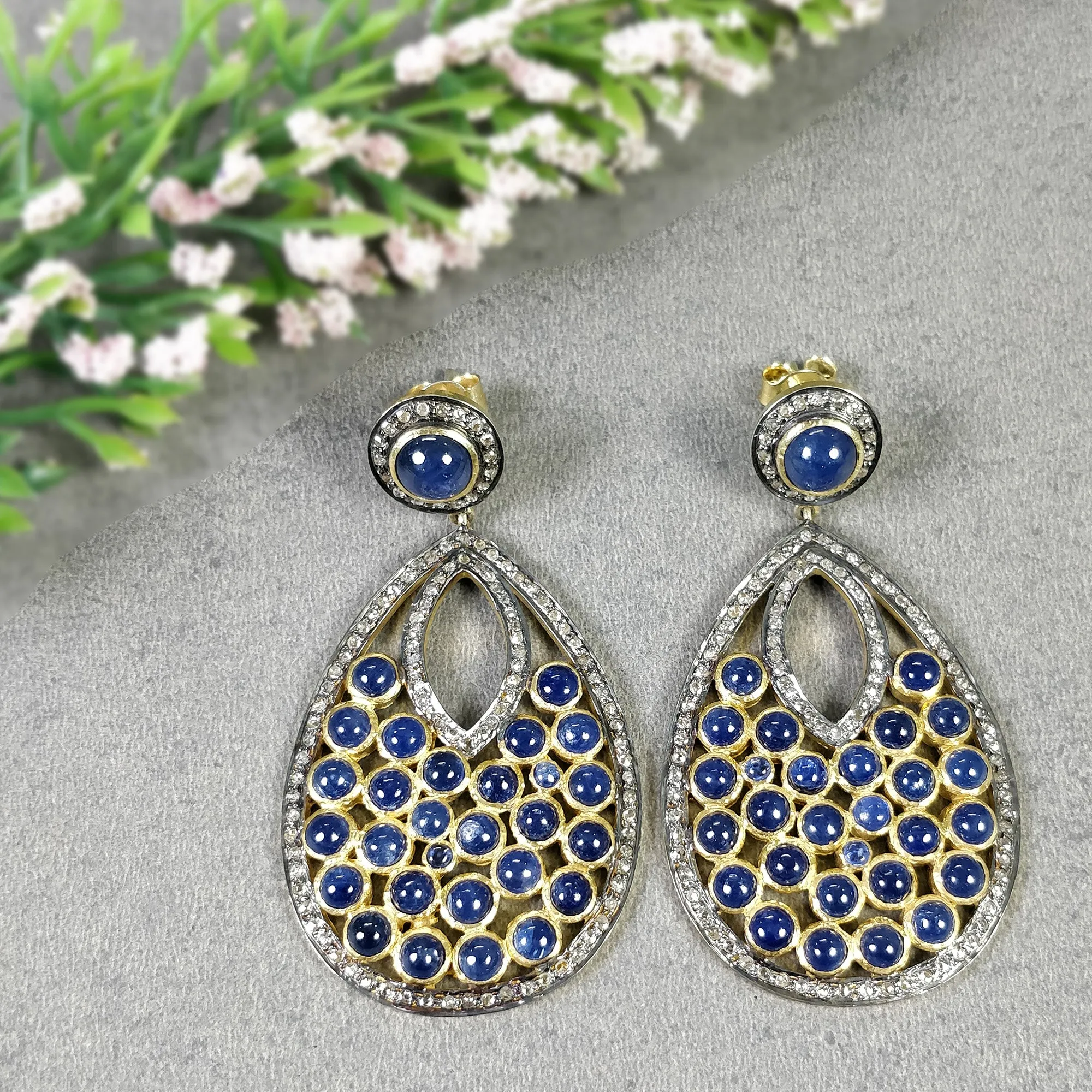 BLUE SAPPHIRE & DIAMOND Gemstone Earring : 2.5" 925 Sterling Silver Natural Dangle Push Back Bezel Set Victorian Earring Gift