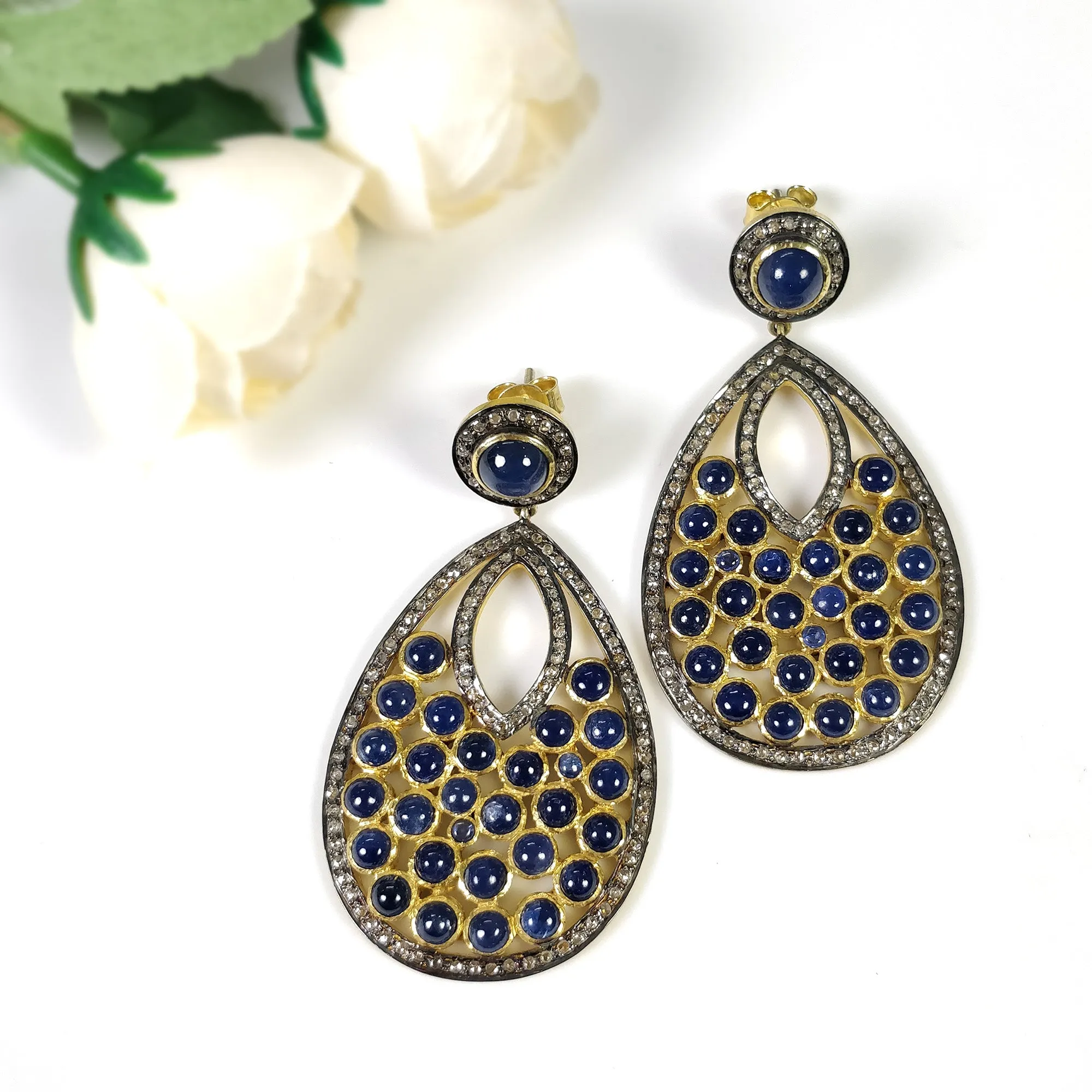 BLUE SAPPHIRE & DIAMOND Gemstone Earring : 2.5" 925 Sterling Silver Natural Dangle Push Back Bezel Set Victorian Earring Gift