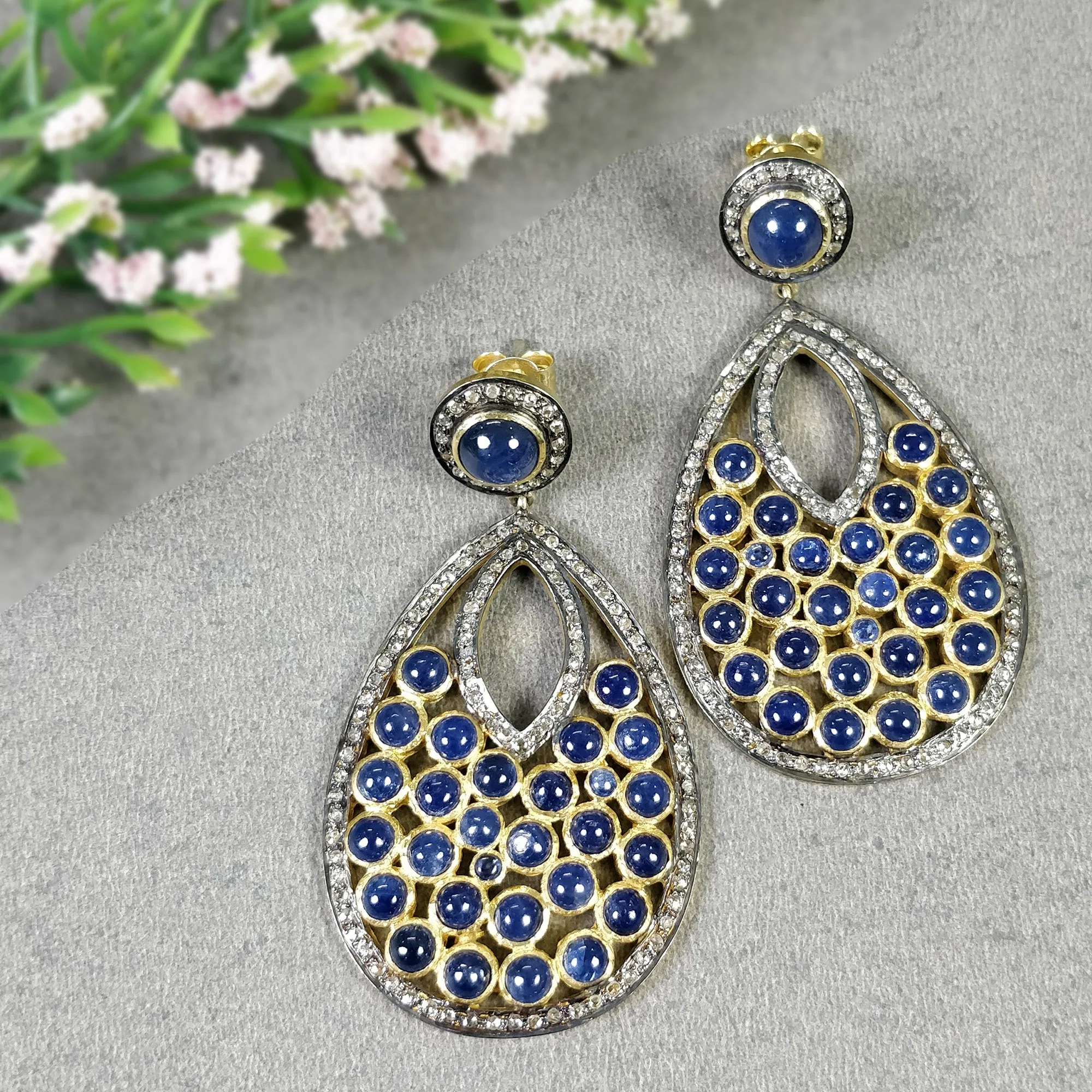 BLUE SAPPHIRE & DIAMOND Gemstone Earring : 2.5" 925 Sterling Silver Natural Dangle Push Back Bezel Set Victorian Earring Gift