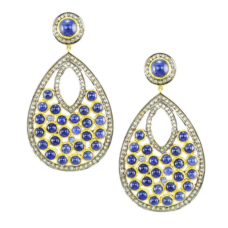 BLUE SAPPHIRE & DIAMOND Gemstone Earring : 2.5" 925 Sterling Silver Natural Dangle Push Back Bezel Set Victorian Earring Gift