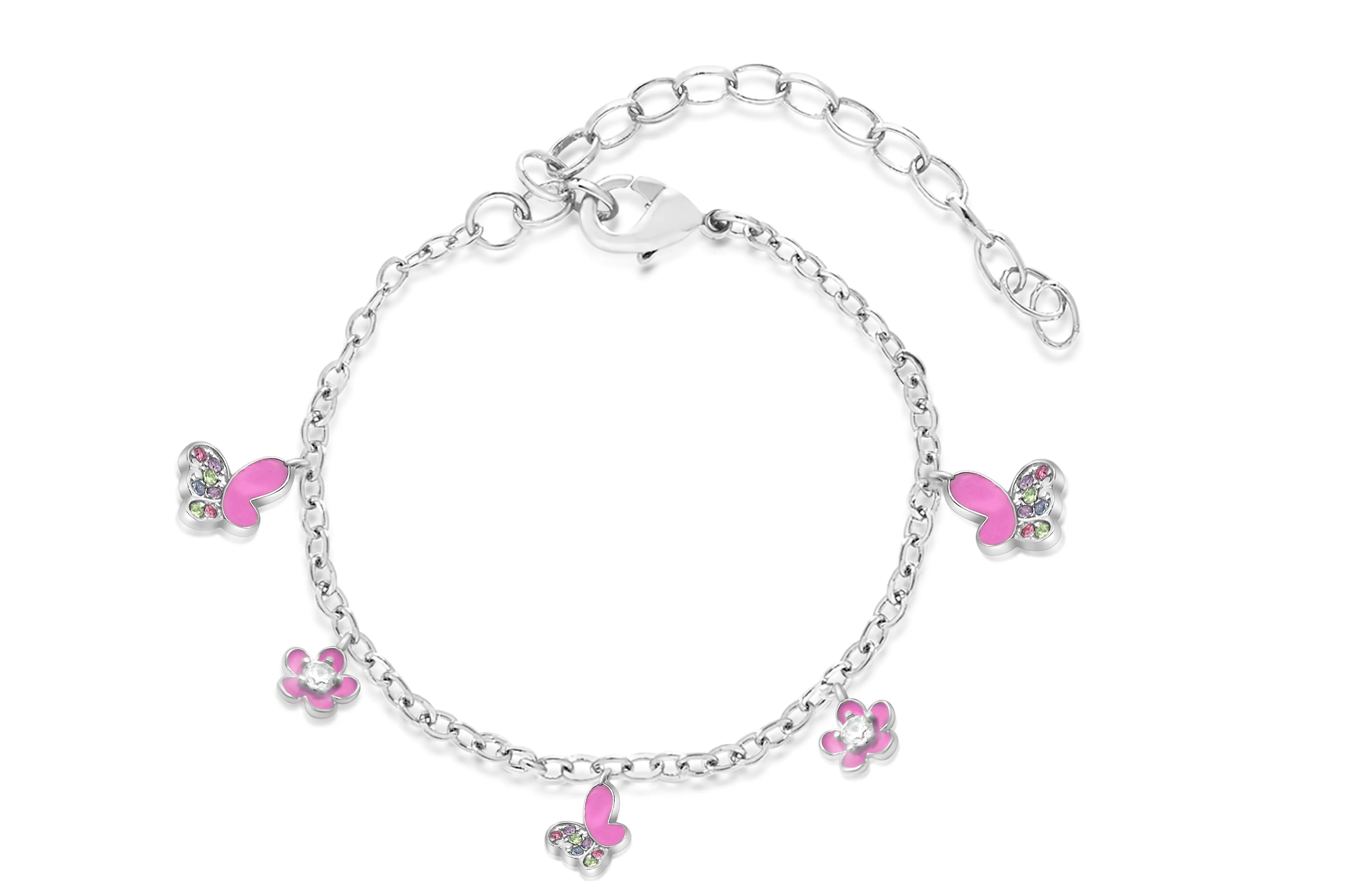 Butterfly Pink Flower Multi-colored Crystal Palladium Plating Girls Charmed Bracelet