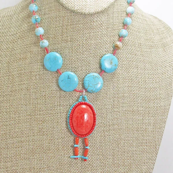 Cache Beaded Red Mountain Jade Gemstone Pendant Necklace