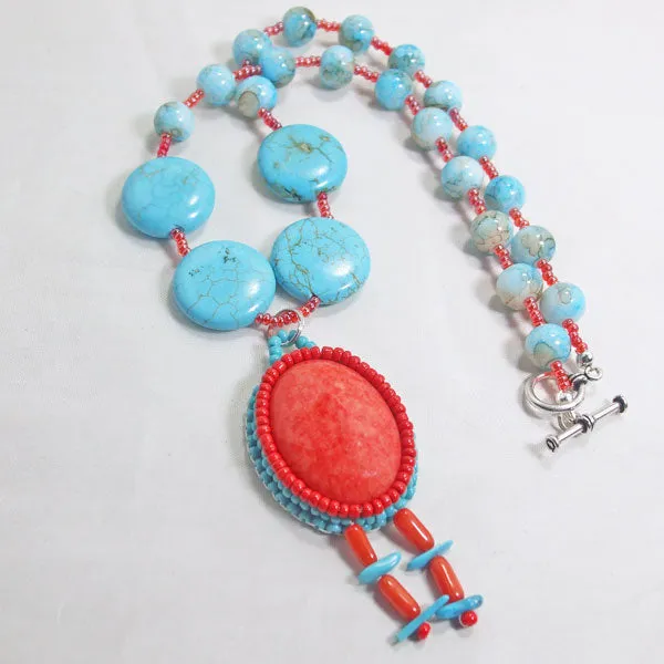 Cache Beaded Red Mountain Jade Gemstone Pendant Necklace