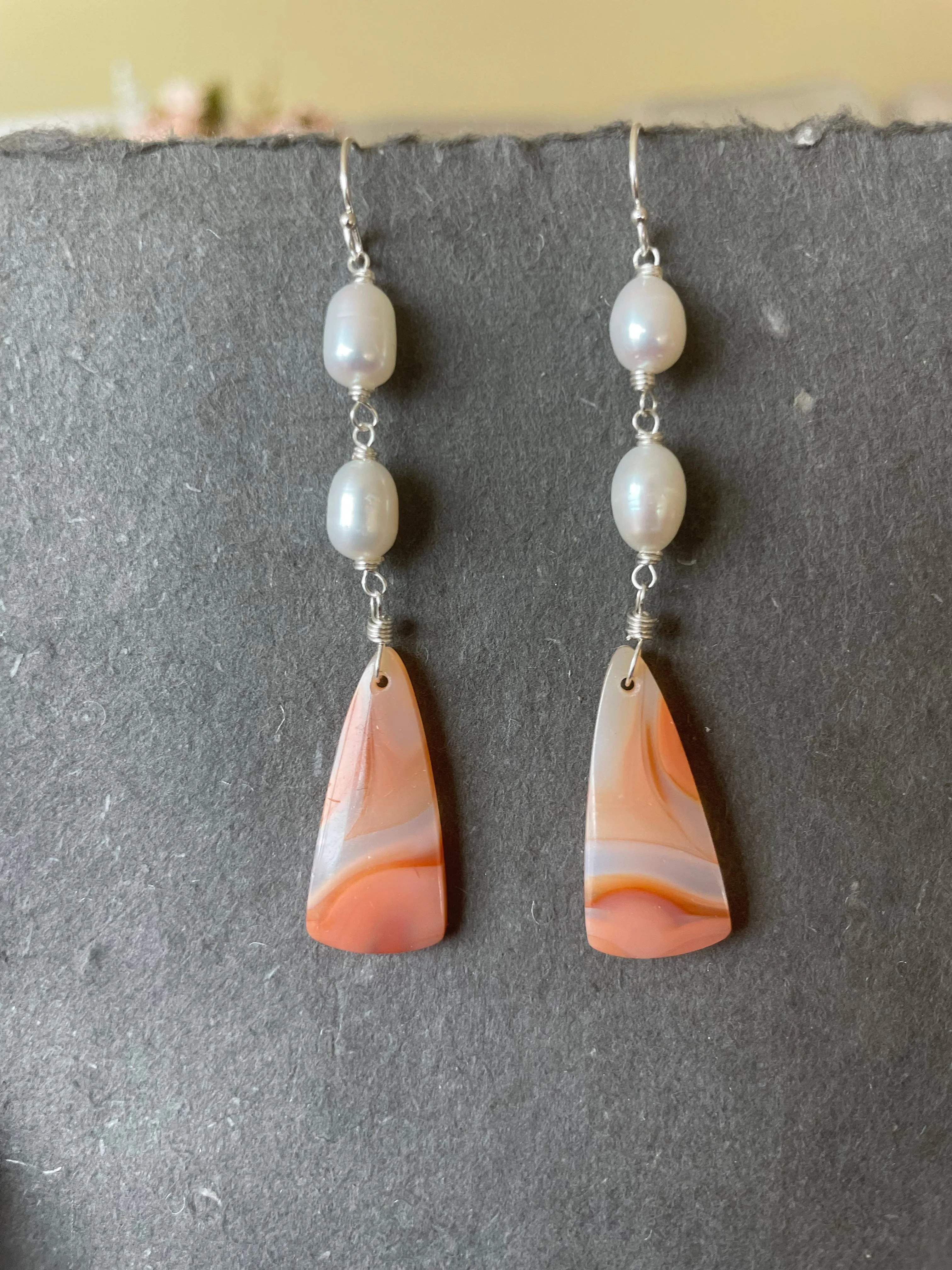 Carnelian Agate and Pearl earrings, OOAK