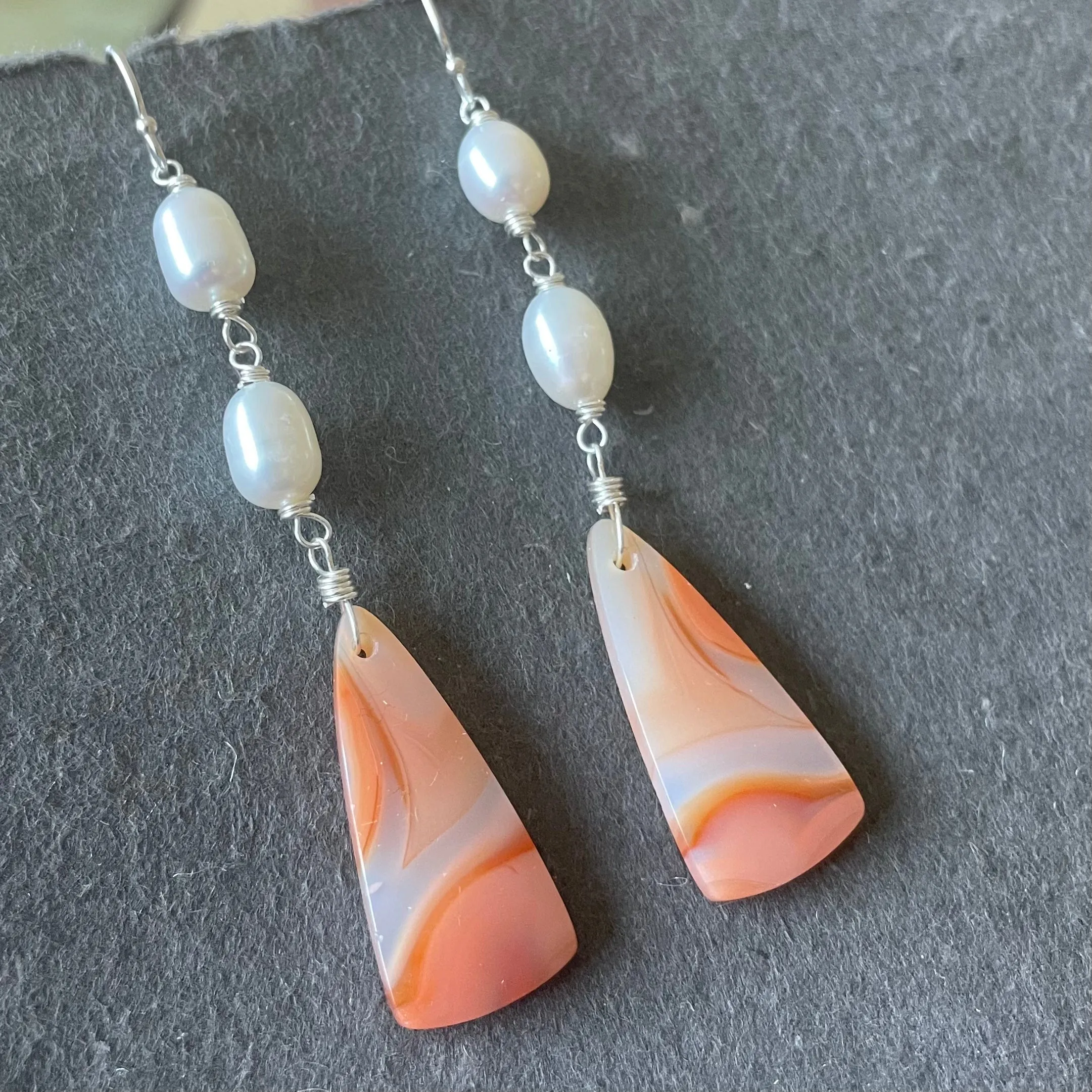 Carnelian Agate and Pearl earrings, OOAK