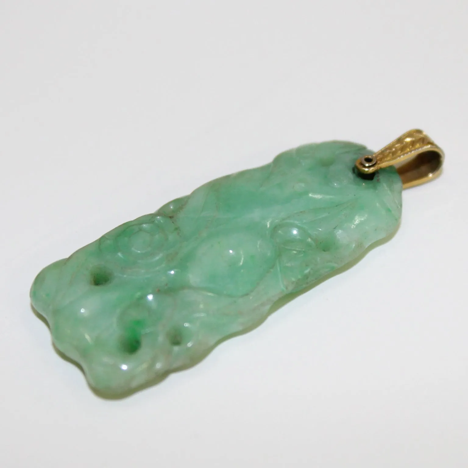 Carved Jade Oblong Pendent with 14K Gold Loop