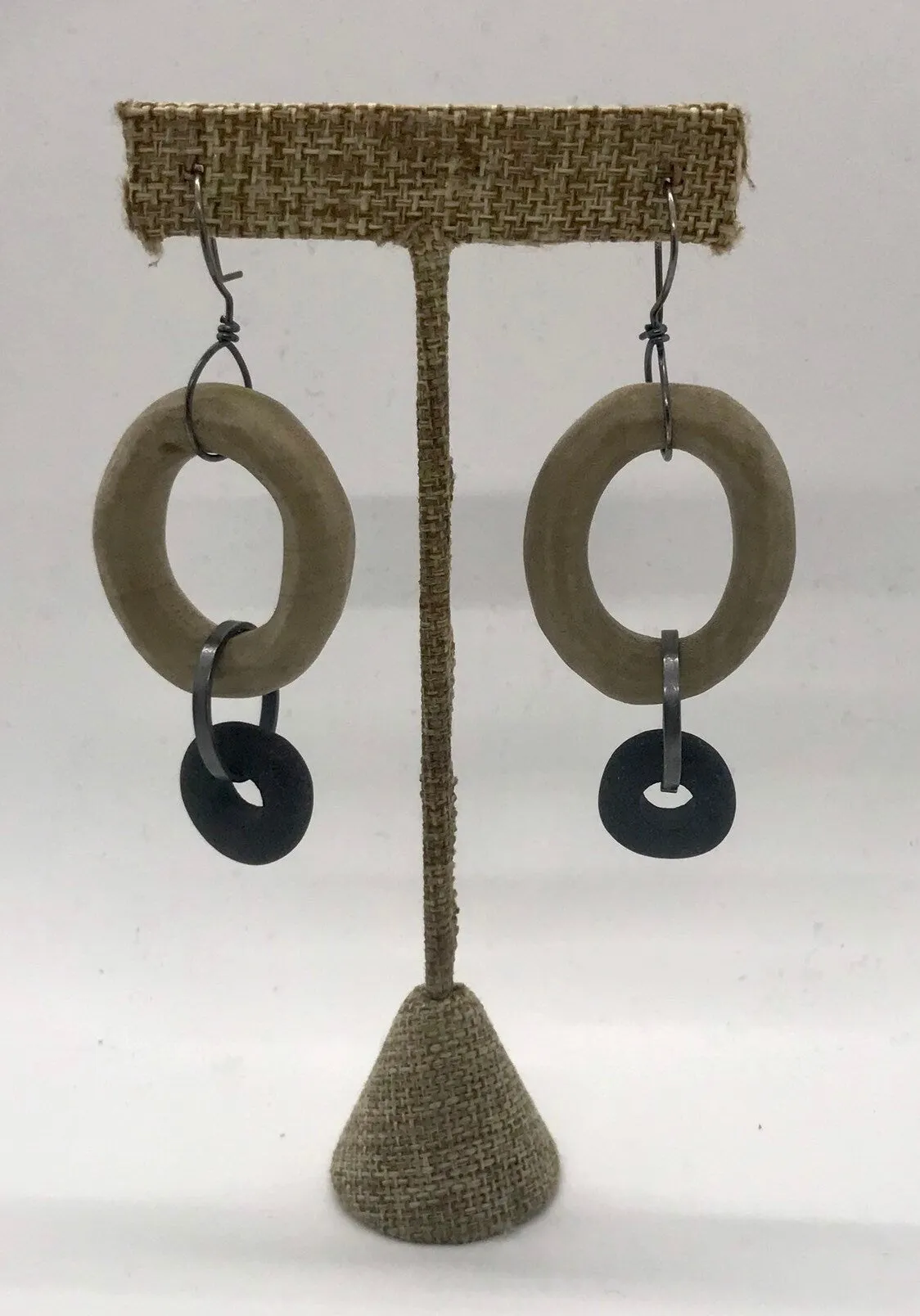 Carved Wood Oval and Rock Earring