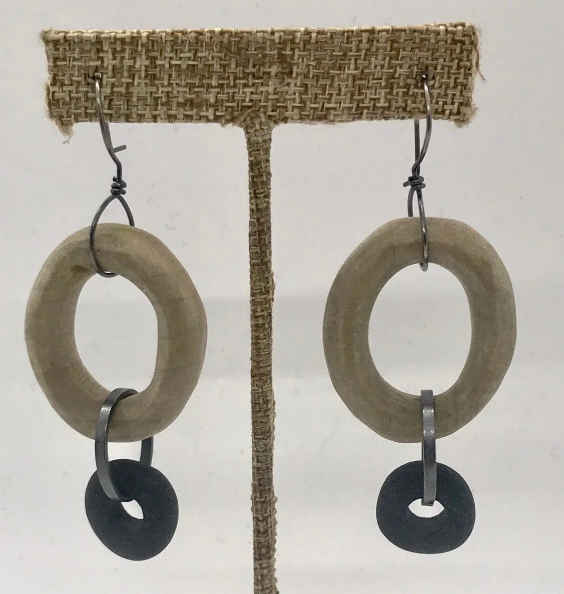 Carved Wood Oval and Rock Earring