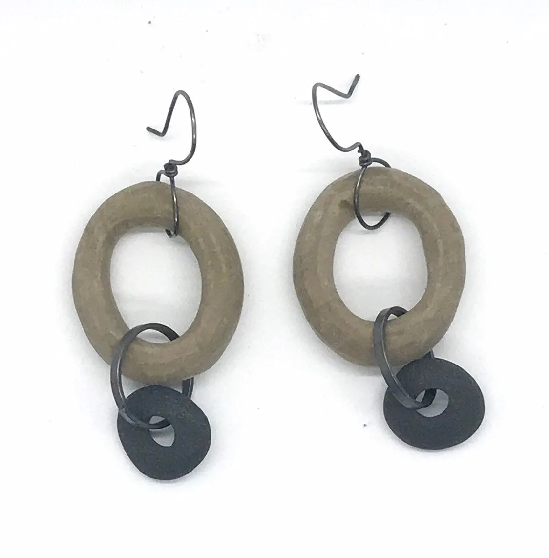 Carved Wood Oval and Rock Earring