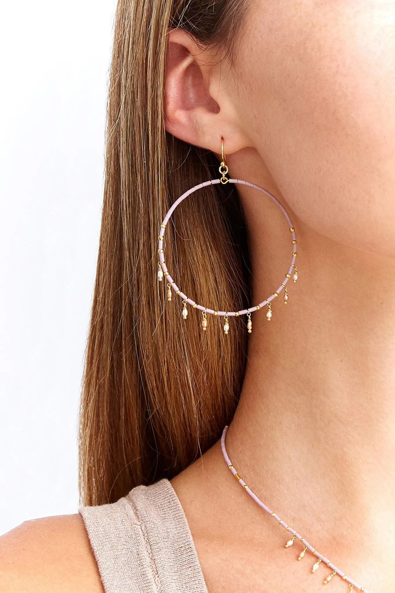 Chan Luu Gold Hoop Earrings in Mauve Seed Beads with Pearl Charms