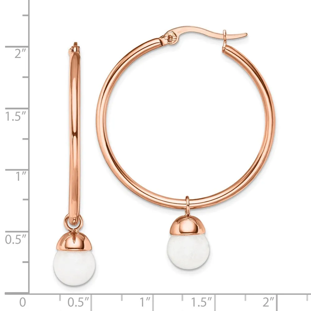 Chisel Stainless Steel Polished Rose IP-Plated with White Jade Dangle Hoop Earrings