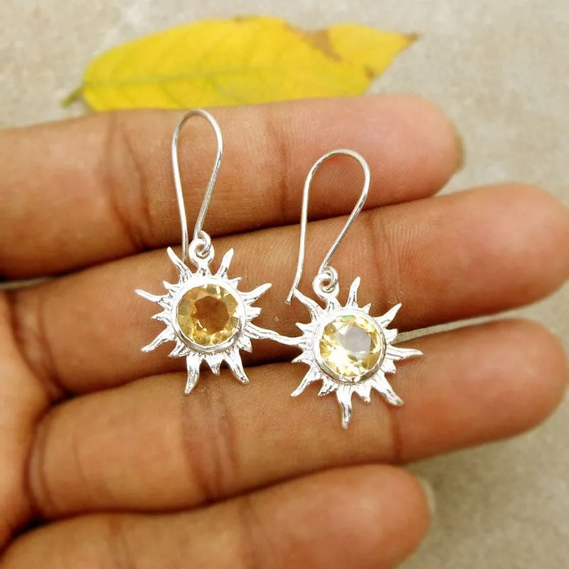 Citrine Earring 925 Sterling Silver Citrine Sunrise Shaped Dangle Earring Handmade Earring Sun Charm Citrine Sunrise Earrings Boho Jewelry Birthday Gifts