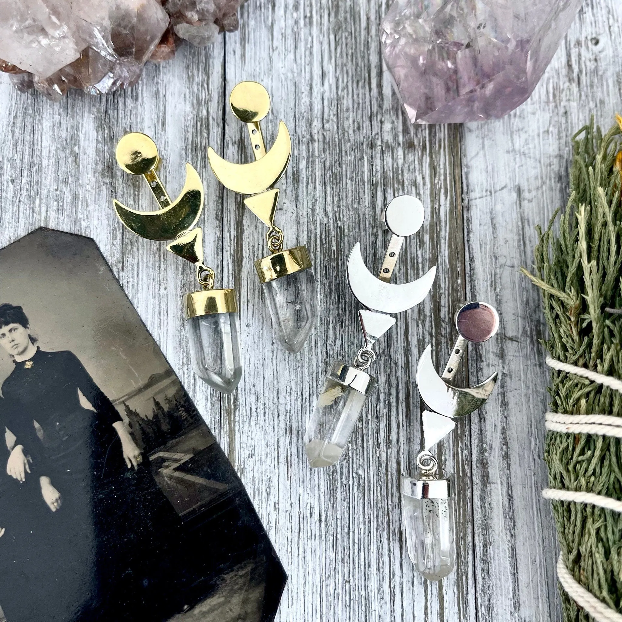 Crescent Moon Ear Jacket Earrings with Natural Clear Quartz Crystals set in Brass or Sterling Silver