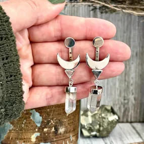 Crescent Moon Ear Jacket Earrings with Natural Clear Quartz Crystals set in Brass or Sterling Silver